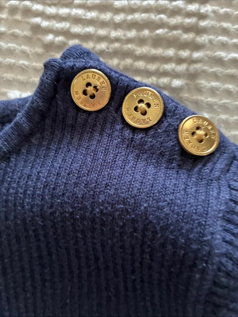 Lauren Ralph Lauren Navy & White Striped Button-Shoulder Crewneck Sweater
